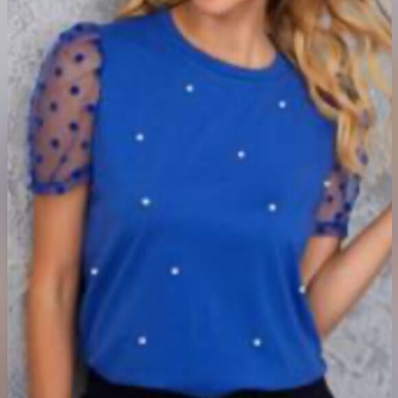 SHEIN NEW POLKA DOT MESH PUFF SLEEVE BLOUSE TOP ROYAL BLUE SIZE 8/10 MEDIUM - Picture 1 of 8